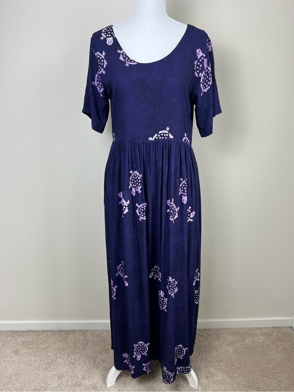 Batik Turtle Print Maxi‎ Dress Boho Coastal Whimsical Vacation Purple Rayon S